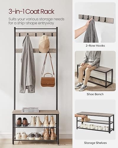VASAGLE Coat Rack, Hall Tree with Shoe Storage Bench, Entryway Bench with Shoe Storage, 3-in-1, Steel Frame, for Entryway, 12.6 x 27.6 x 68.9 Inches, Industrial, Greige and Black UHSR41MB thumbnail 4