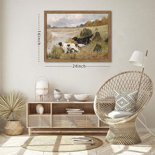 Wood Framed Vintage Dog Wall Art, Retro Country Hunting Dog Animal Canvas Wall Decor Paintings, Antique Rustic Farmhouse River Landscape Posters Prints Pictures for Living Room Gallery 16x24 Inch thumbnail 4