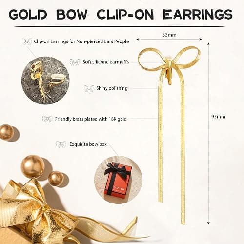 LOFITOR 14K Gold Plated Clip On Earrings for Women Non Piercing Bow Earrings Ribbon Dangle Drop Tassel Chain Statement Clip Earrings Lightweight Fake Bowknot Earring for Non Pierced Ears thumbnail 5