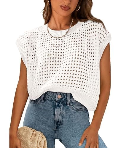 PRETTYGARDEN Womens Spring Tops 2026 Summer Shirts Crochet Cap Sleeve Sweater Pullover Cute Beach Vacation Clothes - Image 1