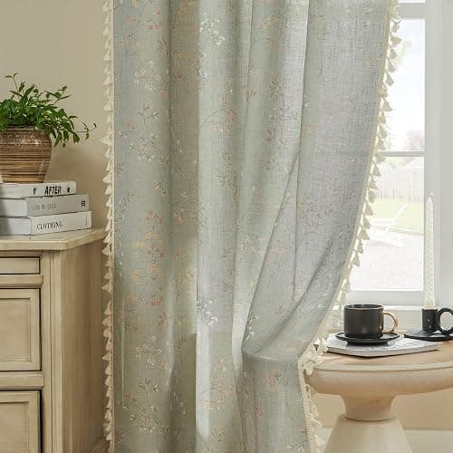 Joydeco Blue Floral Boho Curtains 84 Inch Length 2 Panels, Super Soft Bohemian Farmhouse Curtains with Tassels, Semi Sheer Light Filtering Drapes for Bedroom Living Room (Rod Pocket, 52Wx84L) - Floral 2 - 52"W x 84"L (Pack of 2) thumbnail 8
