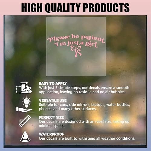 JANES Please Be Patient Im Just A Girl Decal, UV DTF Transfer Car Decal, Car Window Stickers, Coquette Bow Pink Car Decals for Truck Window, Funny Trendy Car Decals for Girls Women thumbnail 5