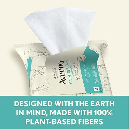 Aveeno Calm + Restore Unscented Makeup Remover Face Wipes, Fragrance Free Facial Cleansing Towelettes with Oat Extract & Calming Feverfew Leave Skin Feeling Soothed, Alcohol Free, 25 ct thumbnail 3