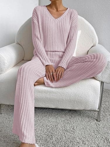 Famulily Womens Pyjamas Set Nightwear, Ladies Ribbed 2 Piece Outfits Loungewear Sets Leisure Suits Homewear V Neck Long Sleeve Jumpers and Wide Leg Trousers with Pockets thumbnail 2