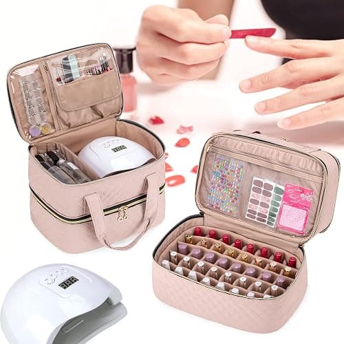 Yarwo Nail Polish Organizer Case Holds 50 Bottles(15ml/0.5 fl.oz) and Nail Lamp, Double Layers Nail Polish Bag with Adjustable Dividers for Nail Art Tools, Dusty Rose (Bag Only, Patent Design) thumbnail 6