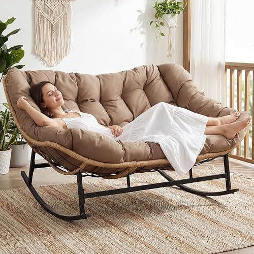 NICESOUL Double Large Papasan Chair Outdoor, Oversized 2 Person Egg Rocking Chair with Cushions, 700 lbs Heavy-Duty Wicker Loveseat Recliner Glider for Outdoor & Indoor Patio, Balcony & Garden, Brown thumbnail 3