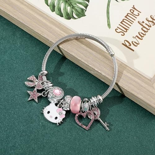 Hello Jewelry Bracelet Charms Braclet, Kawaii Pink Kitty Bangle Women Matching Accessories, for Teen Graduation Birthday Gifts Stuff thumbnail 6
