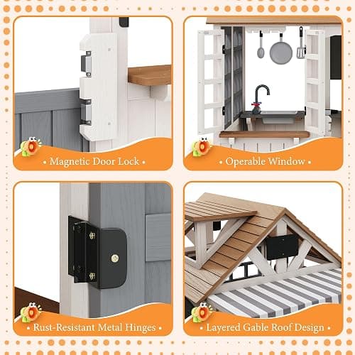 Albott Outdoor Wooden Playhouse with Kitchen Playset, Backyard Cottage Playhouse for Kids with Bench, Awning, Chalkboard, Pet Door and Dutch Door, Pretend Play House for Boys and Girls Ages 3-8 thumbnail 5
