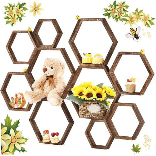 Gerrii 10 Pcs Honey Comb Decorations 5 Sizes Wood Hexagon Shelves Honeycomb Centerpiece Cupcake Stand Wooden Bee Hive Display Holder for Baby Shower Honeybee DIY Birthday Party Decor (Dark Brown) - Image 1
