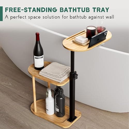 Yumkfoi 3 Layer Bath Tub Tray Table, Freestanding Bamboo Bath Tray Caddy for Tub Against Wall, Bath Table Tray Tub Shelf Bathroom Organizer Shelf for Luxury Spa and House Warming New Home thumbnail 3