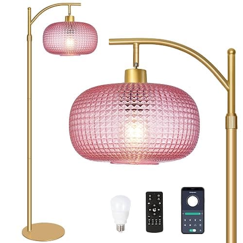 Duoled Glass Floor Lamp for Living Room, Modern Tall Standing Lamp with Pink Glass Lamp Shade, Dimmable Gold Tall Floor Lamp for Bedroom Office with Remote Control, 1 x 12W LED Bulbs Included - Image 1
