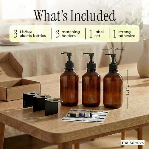 MaisoNovo Shampoo and Conditioner Dispenser|Refillable Amber Black Set of 3 | No-Drill Wall Mount Shower Dispenser · For Shampoo & Body Wash · Rustproof · Hotel & Spa · Wall Soap Dispenser for bathroom thumbnail 3