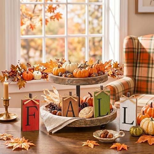 OLANRUN Fall Decorations for Home, Fall Decor - 4Pcs Vintage Wooden Autumn Thanksgiving Decorations for Table Indoor Home Office Farmhouse Kitchen Room Bedroom Mantel Tiered Tray Rustic Wood Signs thumbnail 2