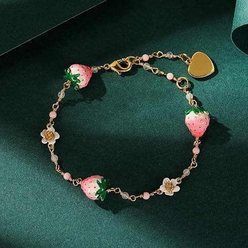 Women's Stylish Versatile Bracelet - Elegant White Flower, Pink Strawberry Charm, Fresh & Sweet Bohemian Design Jewelry, Perfect Friendship Gift for Friends & Loved Ones thumbnail 6