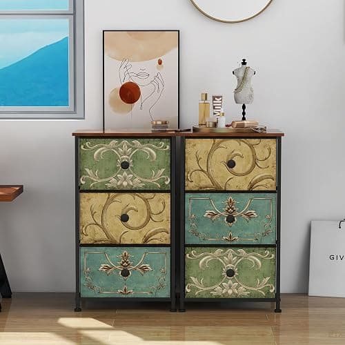 Tohomeor Small Dresser for Bedroom with Retro Flower Narrow Drawers Slim Chest of Drawers Skinny Nightstand Sofa End Table for Living Room Entryway Closet Storage (Multi, 3 Drawers) thumbnail 7