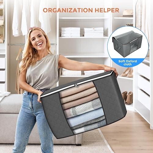 90 L Large Storage Bags, 6 Pack Clothes Storage Bins Foldable Closet Organizers Storage Containers with Reinforced Handle for Clothing, Blanket, Comforters, Bed Sheets, Pillows and Toys (Gray) thumbnail 6