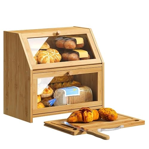 BMOSU Bread Box with Cutting Board Kitchen Bread Storage Organizer Farmhouse Countertop Double Bamboo Wood Bread Box(Natural) - Image 1