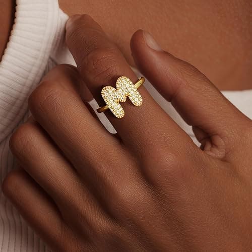 Mujahid Bubble Initial Ring Easter Basket Stuffers for Women, Fade-Proof 14k Gold Stackable Letter A-Z Rings Open Adjustable CZ Personalized Fashion Trendy Statement Jewelry thumbnail 2