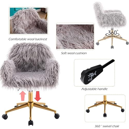 KCC Fluffy Office Desk Chair, Faux Fur Modern Swivel Armchair with Wheels, Soft Comfy Fuzzy Elegant Accent Makeup Vanity Chairs for Women Girls, Home Living Dressing Room Bedroom, Gray thumbnail 4