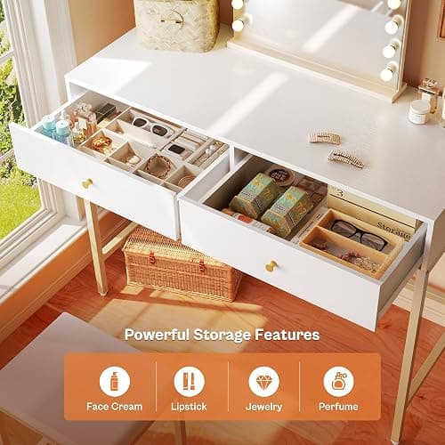 SUPERJARE 35.4" White and Gold Desk with 2 Drawers, Modern Makeup Vanity with Padded Stool, Small Computer Desk Home Office Desk for Writing Study Bedroom thumbnail 5