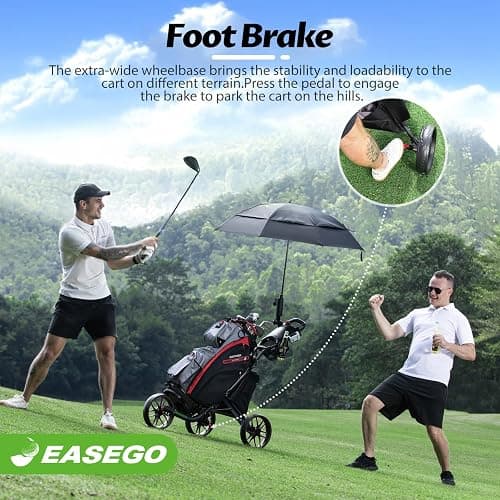 EASEGO Golf Push Cart 3 Wheel : Golf Caddy Pull Cart, One Click Folding Golf Bag Cart Lightweight Compact Golf Trolley with Cooler Bag, Umbrella, Cup & Phone Holder for Different Terrain thumbnail 5