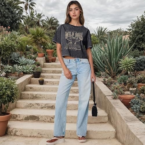 Deyaidy Western Cowgirl Cropped Shirts for Women Faith Over Fear Country Shirt Wild Soul Vintage Graphic Tee Acid Wash Tshirt thumbnail 5