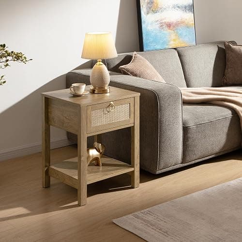 SICOTAS Rattan Nightstand Set of 2, Rattan Decor Drawer with Brass Knobs Night Stand Bedside Table Boho End Tables Side Tables with Storage Shelf for Bedroom,Small Space thumbnail 8