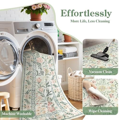Wonnitar Boho Floral Washable Rugs 5x7, Soft Area Rugs for Bedroom, Ultra-Thin Non Slip Beige Area Carpets, Flower Print Decor Carpet for Living Room Nursery Dining Room Office thumbnail 6