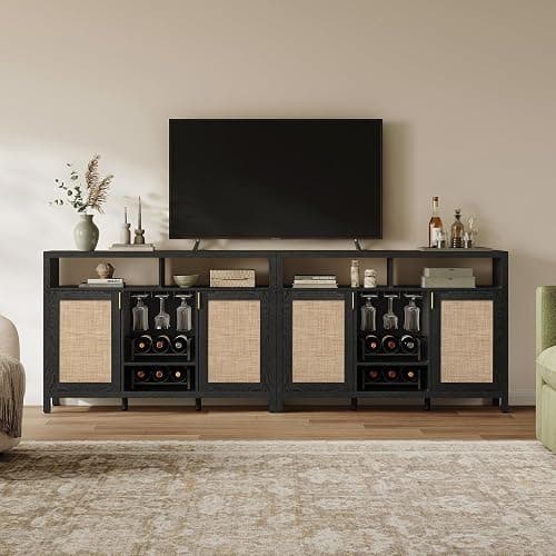 SICOTAS Rattan Coffee Bar Cabinet with Wine Racks & Metal Stemware Holders | 51" Sideboard Buffet Cabinet with Storage, Modern Liquor Cabinet Boho Credenza Buffet Table for Living Dining Room, Black Oak thumbnail 8