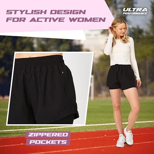 Ultra Performance Gym Shorts Women Pack of 2, Nylon Compression Workout Shorts Women with Liner - Medium - Black, Bell Blue thumbnail 4