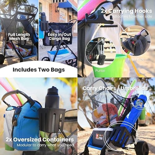 Strolee Large Wheeled Collapsible Beach Cart for Soft Sand, Shopping, Camping & Garden- Lightweight Aluminum Frame- Removable Storage Bag with Carrying Straps, X-L Capacity & Cooler Rack (Blue) thumbnail 6