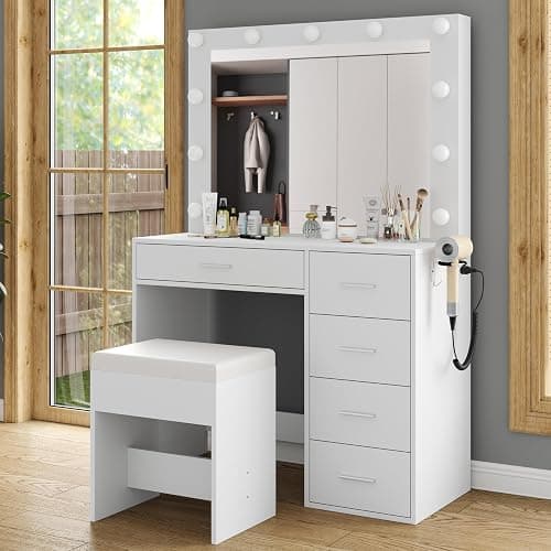 FUSOU 37" Vanity Desk with Mirror & LED Lights, Makeup Vanity with Power Outlet & USB, 3 Lighting Modes, Dressing Table with 5 Drawers & Stool for Bedroom, White thumbnail 6