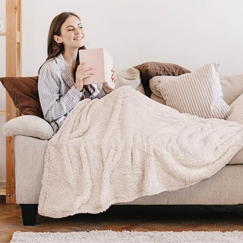 PAVILIA Sherpa Throw Blanket for Couch Sofa, Cream Beige Fluffy Warm Plush Blanket for Bed, Cozy Super Soft Lightweight Throw, Fuzzy Decorative Blanket, All Season Home, 50x60 thumbnail 10