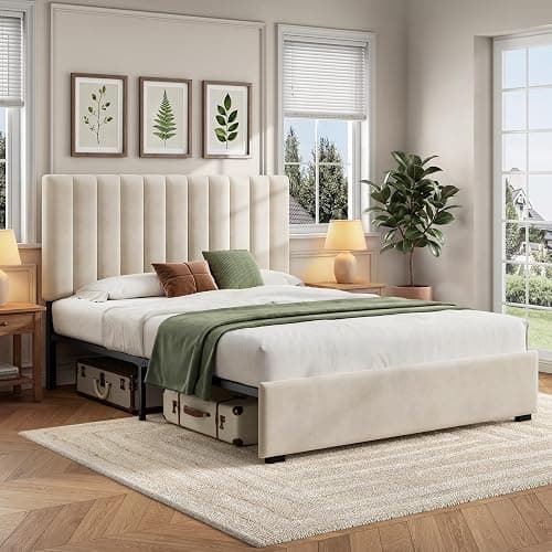 Welzona Full Upholstered Bed Frame with Headboard, Velvet Upholstered Metal Platform Bed with Vertical Channel Tufted Headboard, 3-Level Height, Metal Slat Support, Noise-Free Easy Assembly, White thumbnail 9