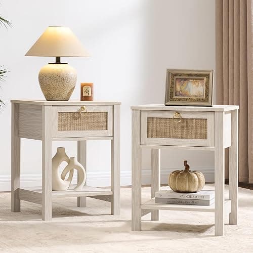 SICOTAS White Nightstand Set of 2,Rattan Decor Drawer with Brass Knobs Night Stand Bedside Table Boho End Tables Side Tables with Storage Shelf for Bedroom,Small Space - Image 1