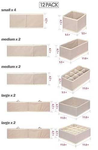 TENABORT 12 Pack Foldable Drawer Organizer Dividers Cloth Storage Box Closet Dresser Organizer Cube Fabric Containers Basket Bins for Underwear Bras Socks Panties Lingeries Nursery Baby Clothes Beige thumbnail 2