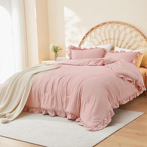 Litanika Full Size Comforter Sets, 3 Pieces Blush Pink Ruffle Girls Women Cute Bedding Comforters & Sets, Lightweight Fluffy Microfiber as Gift (79x90In Comforter & 2 Pillowcases) thumbnail 9