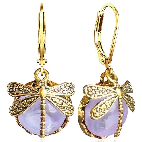 unixmoment Bohemian Sparkly Crystal Moonstone Vintage Gold Dragonfly Dangle Drop Leverback Earrings For Women - Image 1