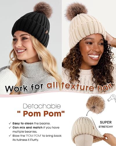 FURTALK Womens Winter Beanie Hat Satin Lined Faux Fur Pom Pom Beanies Hat for Women Winter Warm Knit Hats thumbnail 6