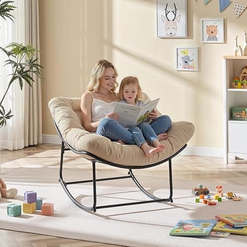 ONBRILL Papasan Rocking Chair with Cushion, Oversized Patio Lounge Rocker, Egg Chair Outdoor Indoor, for Living Room, Porch, Patio, Garden, Beige thumbnail 4