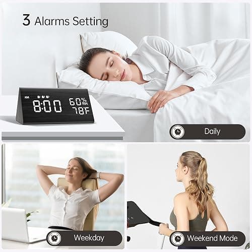 Digital Alarm Clock, with Wooden Electronic LED Time Display, 3 Alarm Settings, Humidity & Temperature Detect, Wood Made Electric Clocks for Bedroom, Bedside (Black) thumbnail 2