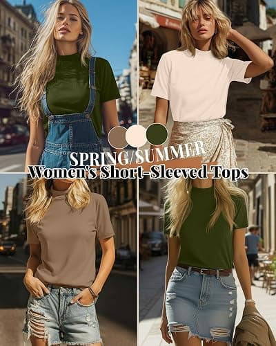Ficerd 3 Pack Women's Mock Neck Shirts Short Sleeve Tops | Ladies Turtleneck Business T-Shirts, Slim Fit Tees, Dressy Basic Pullovers, Stretch Casual Outfits, Summer Fall Clothes 2026 thumbnail 2