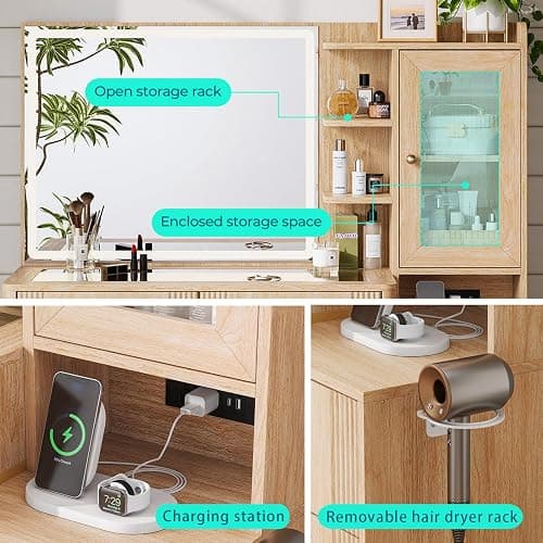 LINSY Wood Vanity with Glass Top, Makeup Vanity with Storage Drawers, Boho Fluted Vanity Desk with Mirror and Lights, Large Dressing Table with Cabinet and Outlet for Bedroom, Women, Girls thumbnail 5