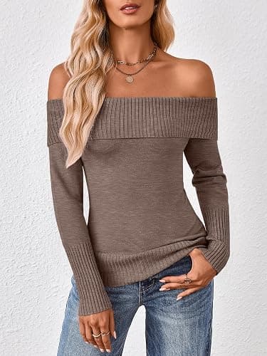 Trendy Queen Off The Shoulder Sweater for Women Cute Fall Going Out Tops Pullover Knit 2025 Sexy Date Night Outfits thumbnail 2
