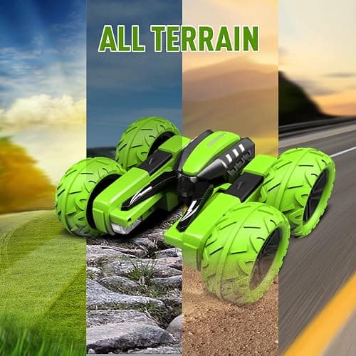 Remote Control Car for Kids 6-12 Years Old, Birthday Gift Toy for Boys Age 6 7 8+, RC Car Stunt with Light 4WD Double Side Racing Vehicle 360° Flips Offroad Indoor Outdoor Sand Grass Garden Green thumbnail 6