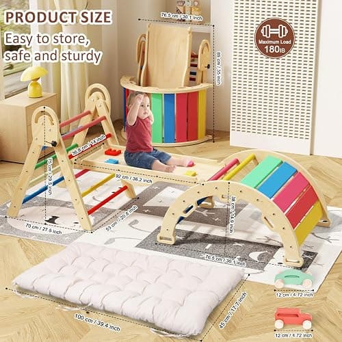 ElegantCrafts Pikler Triangle Set with Cushion, Montessori Climbing Set, Indoor Climb Toys, Indoor Playground Jungle Gyms, 9 Combinations Climbing Toy Set for Toddler, Baby, Kids 1-4 thumbnail 2