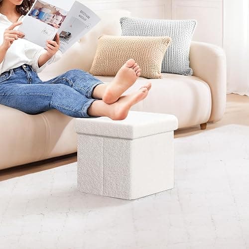 PINPLUS Storage Ottoman Cube Square Shaped Ottomans with Storage Foot Stool Footrest for Lving Room Boucle Ottoman Seat for Dorm Room,Faux Teddy Fur White,12.6"x12.6"x12.6" thumbnail 2