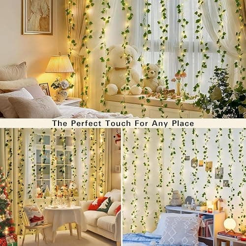 JMEXSUSS Vines Lights for Bedroom, 200 LED Vines Fairy Lights, Artificial Ivy Leaf Light for Wall Curtain Wedding Party Indoor Decor, 6.5ft x 6.5ft with Remote thumbnail 6