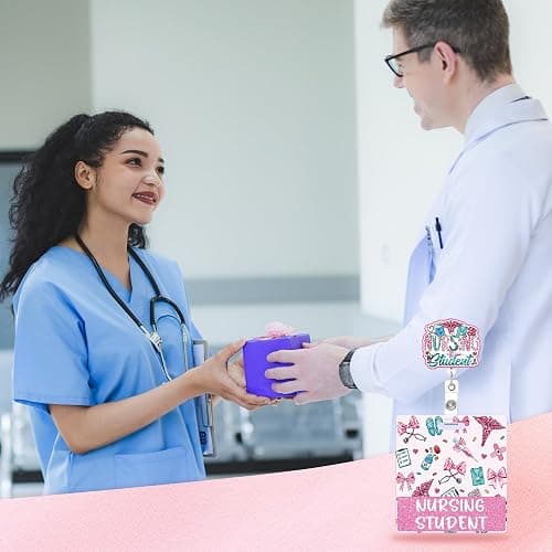 Pink Bow Nursing Student Badge Reel with Badge Buddy for Nursing Students | Retractable id holder with swivel clip, and patterned role card with bold medical graphics thumbnail 5