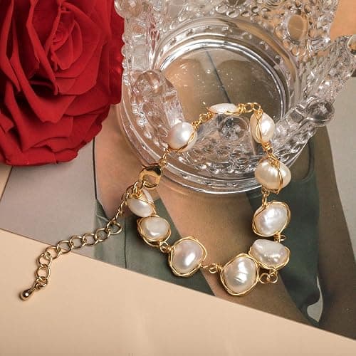Cowlyn Pearl Bracelet Baroque Cultured Pearl Link, 14K Gold Plated Beaded Link Chain Charm Bracelets for Women Handmade Jewelry thumbnail 9